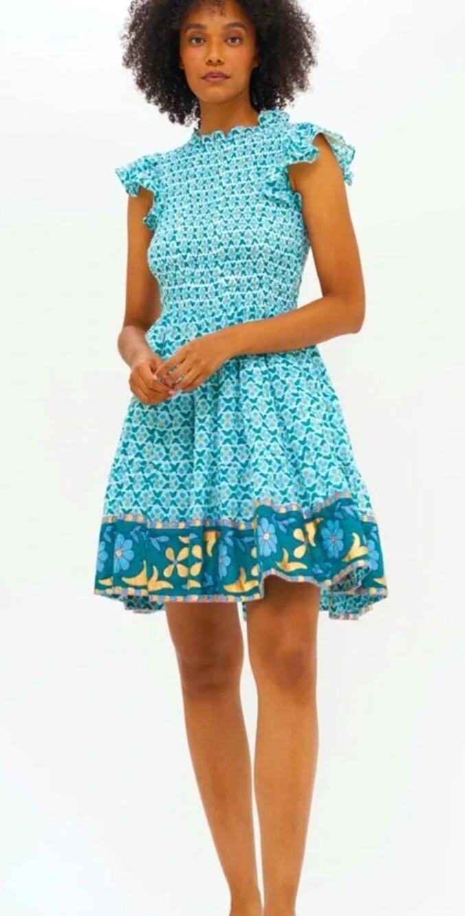 OLIPHANT Tuckernuck Smocked Flirty Short Mini Dress Veranda Turquoise Gold Print
